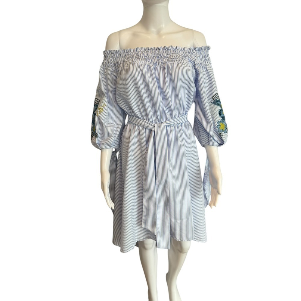 ASTR The Label Blue Striped Floral Embroidered Dress Size M